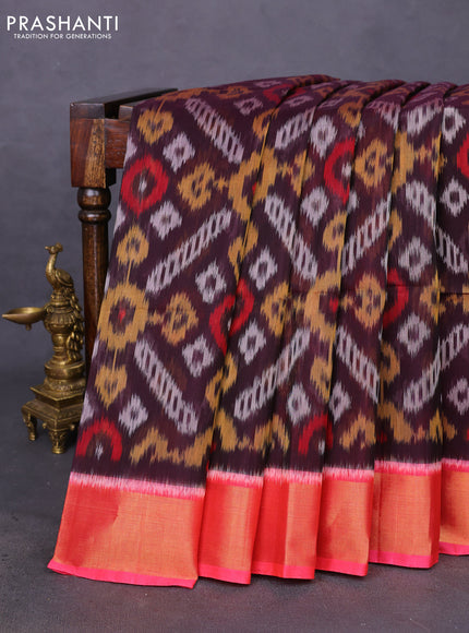 Ikat silk cotton saree coffee brown and peach pink with allover ikat weaves and zari woven border