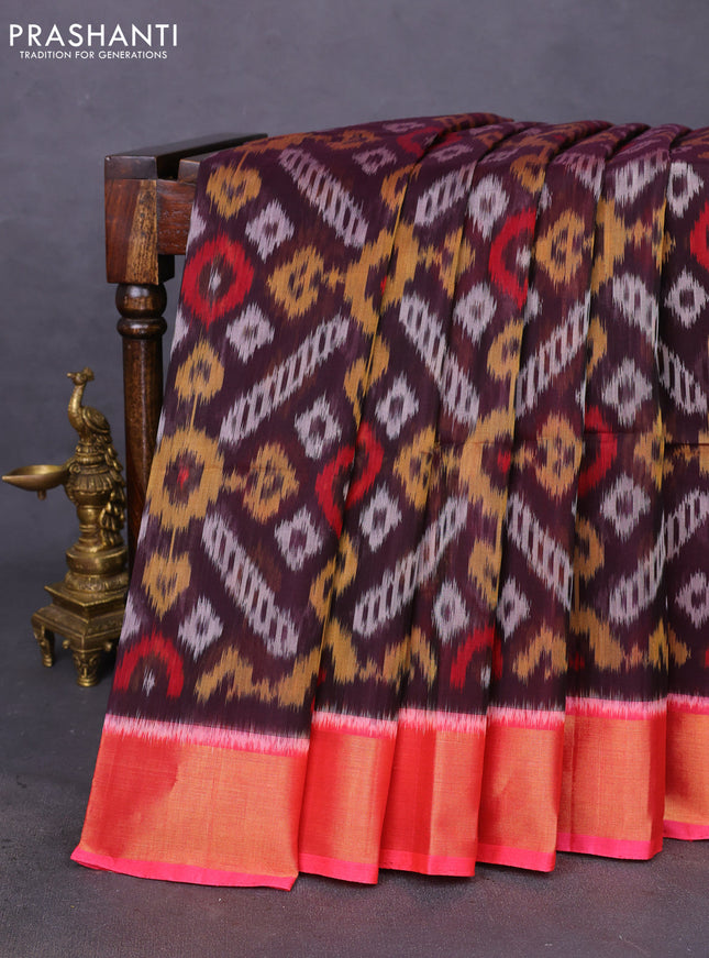 Ikat silk cotton saree coffee brown and peach pink with allover ikat weaves and zari woven border