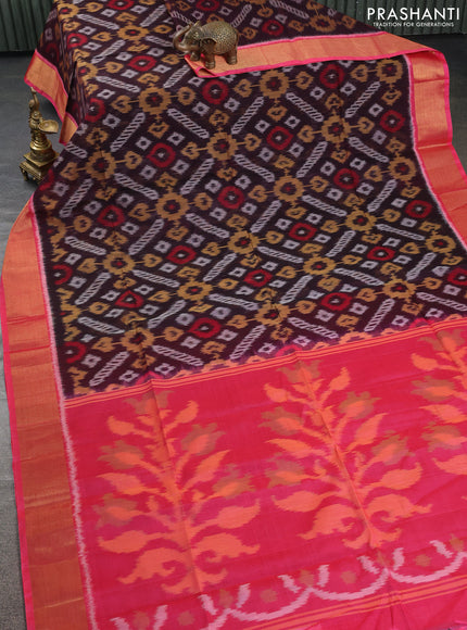 Ikat silk cotton saree coffee brown and peach pink with allover ikat weaves and zari woven border