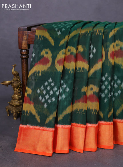 Ikat silk cotton saree green and orange with allover ikat weaves and zari woven border