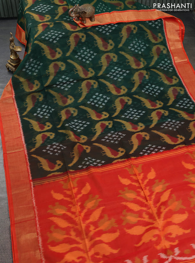 Ikat silk cotton saree green and orange with allover ikat weaves and zari woven border