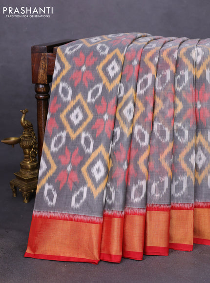 Ikat silk cotton saree grey and ree with allover ikat weaves and zari woven border