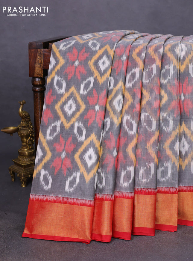 Ikat silk cotton saree grey and ree with allover ikat weaves and zari woven border