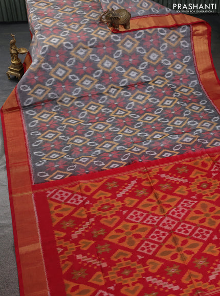 Ikat silk cotton saree grey and ree with allover ikat weaves and zari woven border