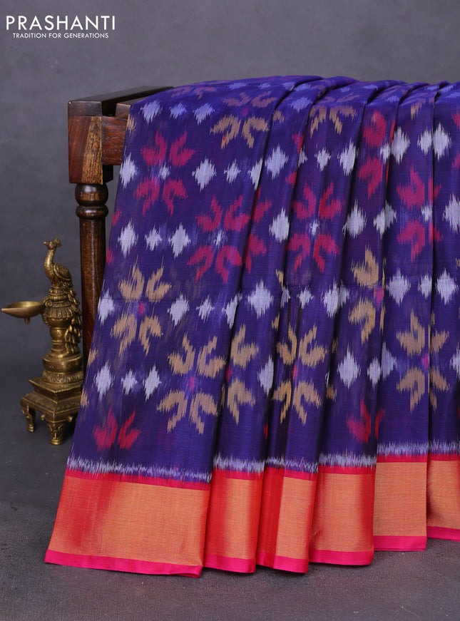 Ikat silk cotton saree blue and pink with allover ikat weaves and zari woven border