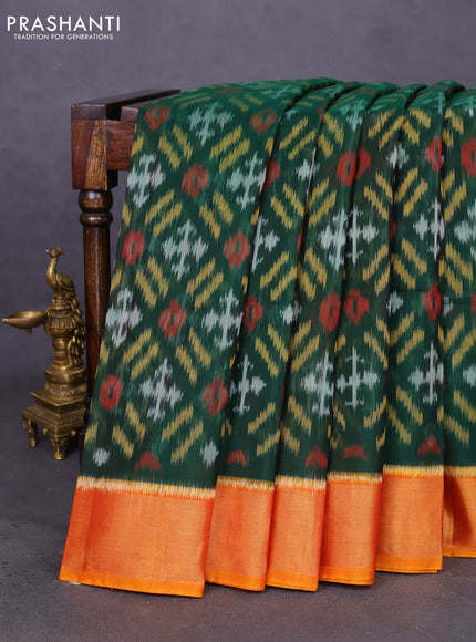 Ikat silk cotton saree green and dual shade of mustard with allover ikat weaves and zari woven border