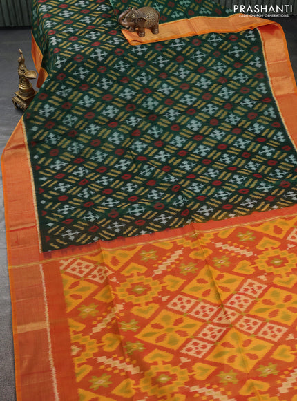 Ikat silk cotton saree green and dual shade of mustard with allover ikat weaves and zari woven border
