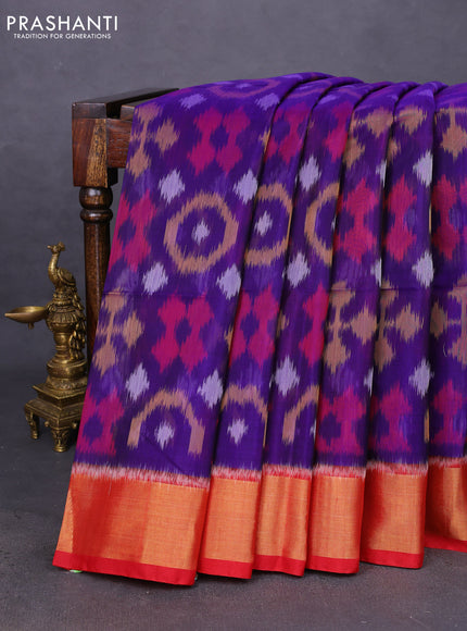 Ikat silk cotton saree blue and red with allover ikat weaves and zari woven border