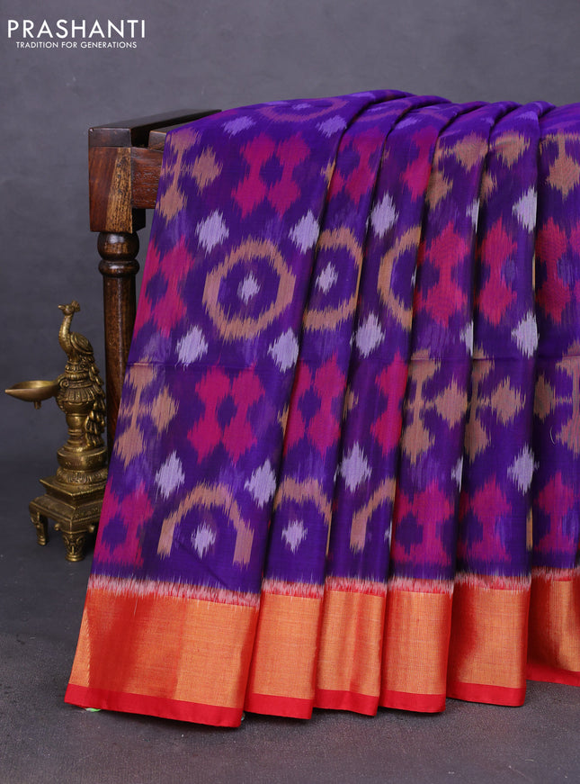 Ikat silk cotton saree blue and red with allover ikat weaves and zari woven border