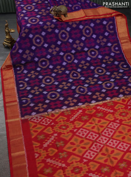 Ikat silk cotton saree blue and red with allover ikat weaves and zari woven border