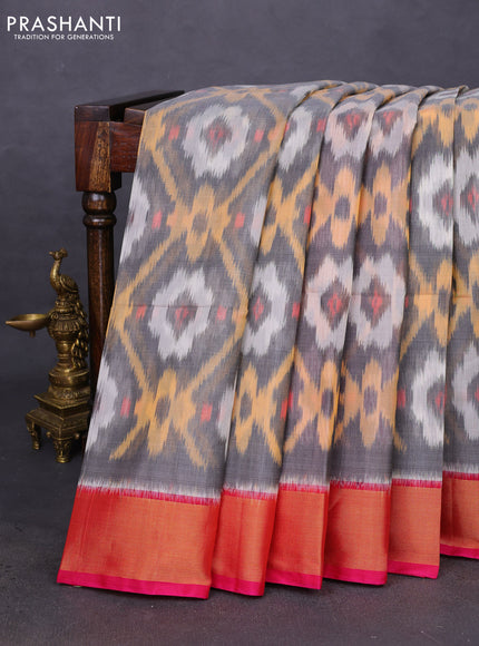 Ikat silk cotton saree grey and pink with allover ikat weaves and zari woven border