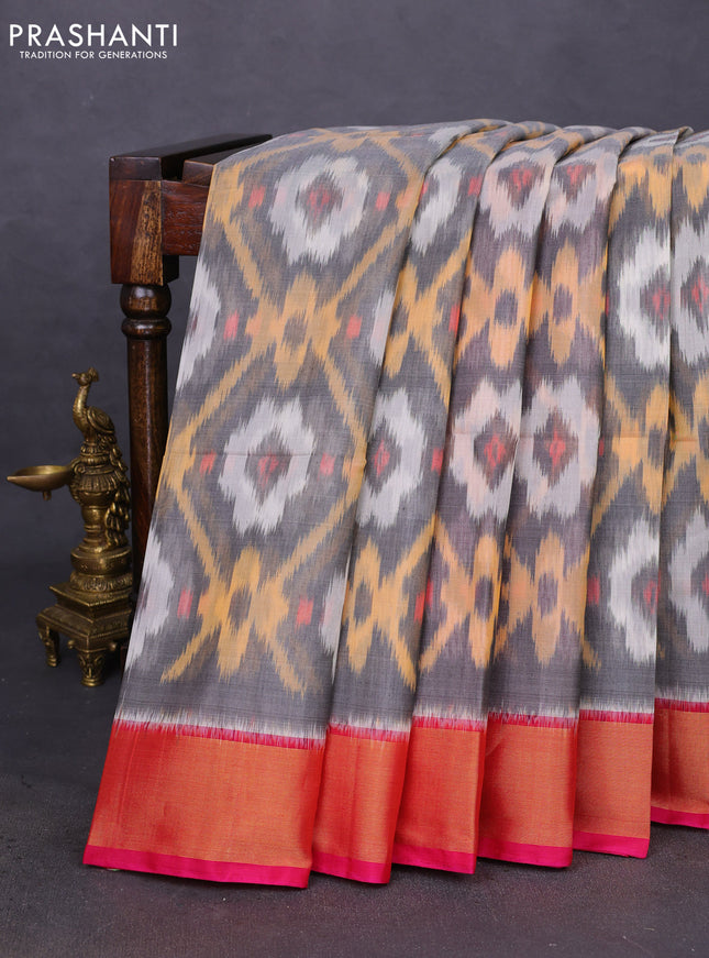 Ikat silk cotton saree grey and pink with allover ikat weaves and zari woven border