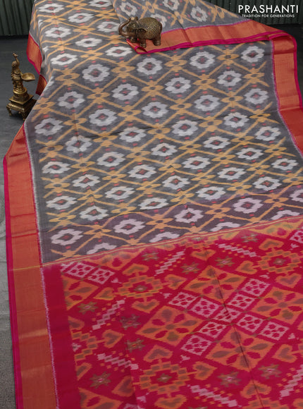 Ikat silk cotton saree grey and pink with allover ikat weaves and zari woven border