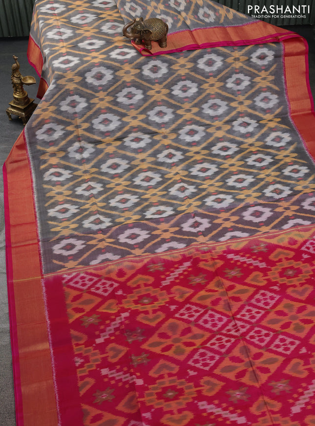 Ikat silk cotton saree grey and pink with allover ikat weaves and zari woven border