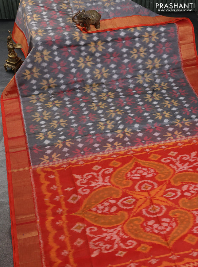 Ikat silk cotton saree grey and orange with allover ikat weaves and zari woven border