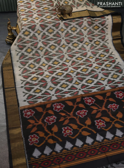 Ikat silk cotton saree cream and black with allover ikat weaves and zari woven border