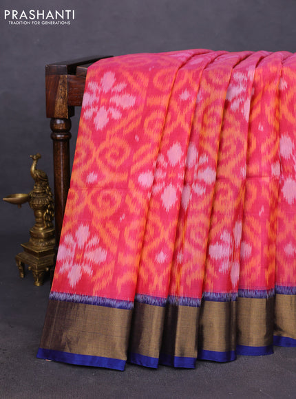 Ikat silk cotton saree pink shade and peacock blue with allover ikat weaves and zari woven border