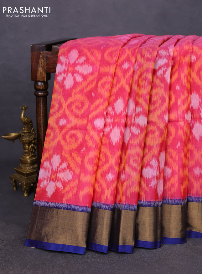 Ikat silk cotton saree pink shade and peacock blue with allover ikat weaves and zari woven border