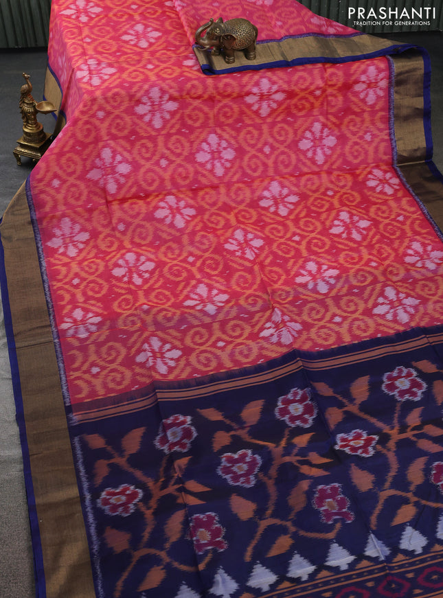 Ikat silk cotton saree pink shade and peacock blue with allover ikat weaves and zari woven border