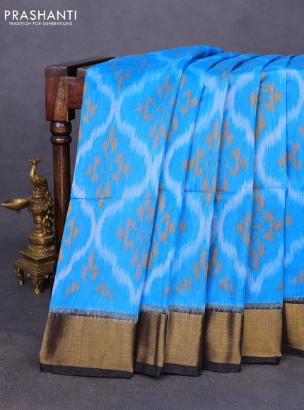 Ikat silk cotton saree cs blue and black with allover ikat weaves and zari woven border