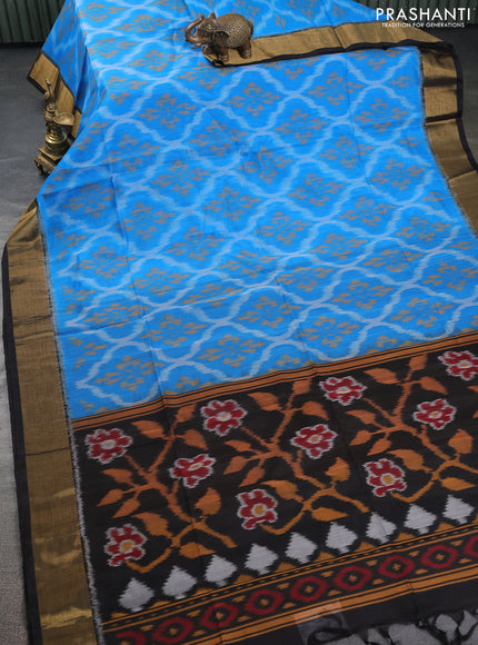 Ikat silk cotton saree cs blue and black with allover ikat weaves and zari woven border