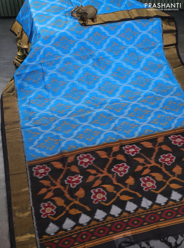 Ikat silk cotton saree cs blue and black with allover ikat weaves and zari woven border