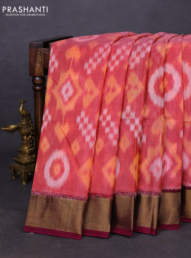 Ikat silk cotton saree peach pink and dark magenta pink with allover ikat weaves and zari woven border