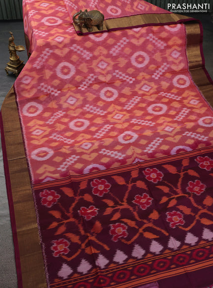 Ikat silk cotton saree peach pink and dark magenta pink with allover ikat weaves and zari woven border