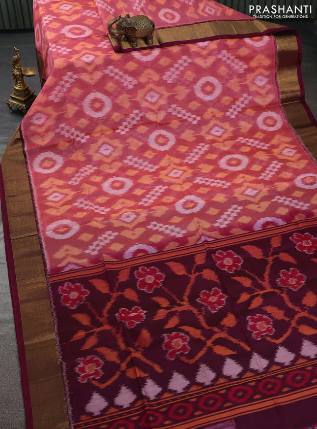 Ikat silk cotton saree peach pink and dark magenta pink with allover ikat weaves and zari woven border