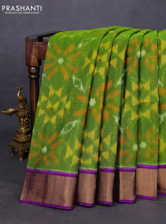 Ikat silk cotton saree light green and violet with allover ikat weaves and zari woven border