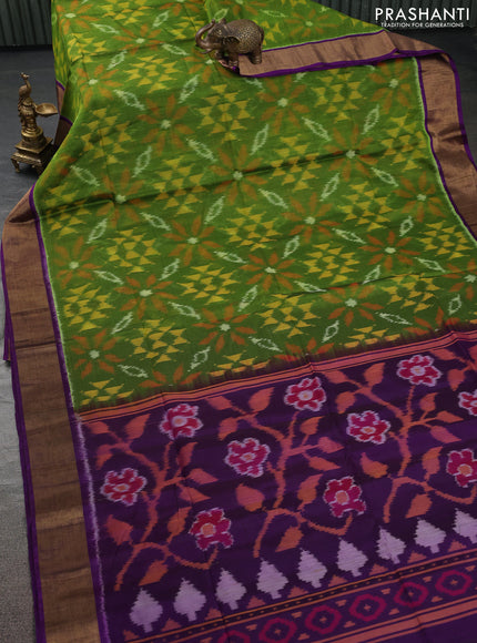 Ikat silk cotton saree light green and violet with allover ikat weaves and zari woven border