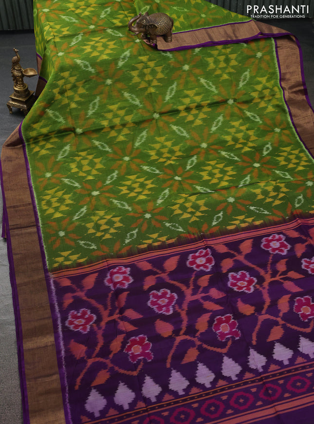 Ikat silk cotton saree light green and violet with allover ikat weaves and zari woven border