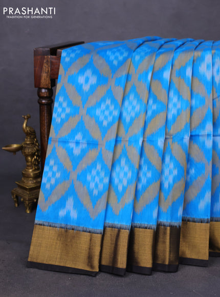 Ikat silk cotton saree cs blue and black with allover ikat weaves and zari woven border