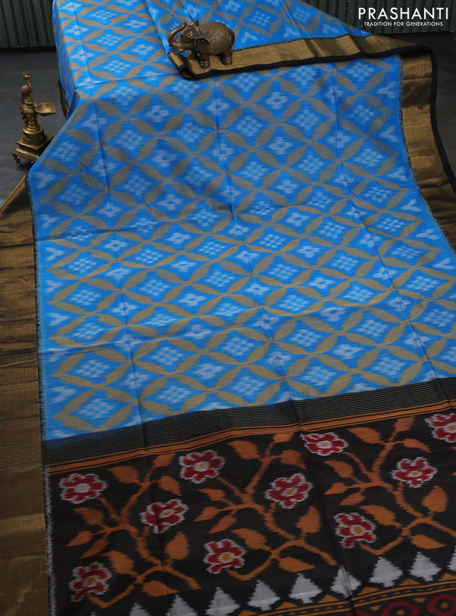 Ikat silk cotton saree cs blue and black with allover ikat weaves and zari woven border