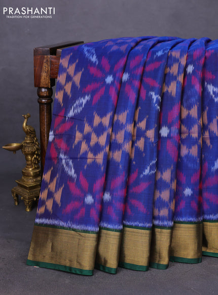 Ikat silk cotton saree blue and green with allover ikat weaves and zari woven border
