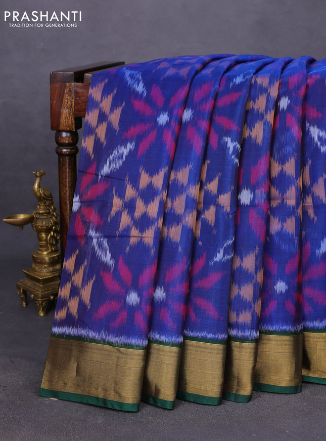 Ikat silk cotton saree blue and green with allover ikat weaves and zari woven border