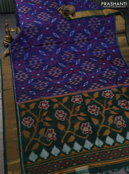 Ikat silk cotton saree blue and green with allover ikat weaves and zari woven border