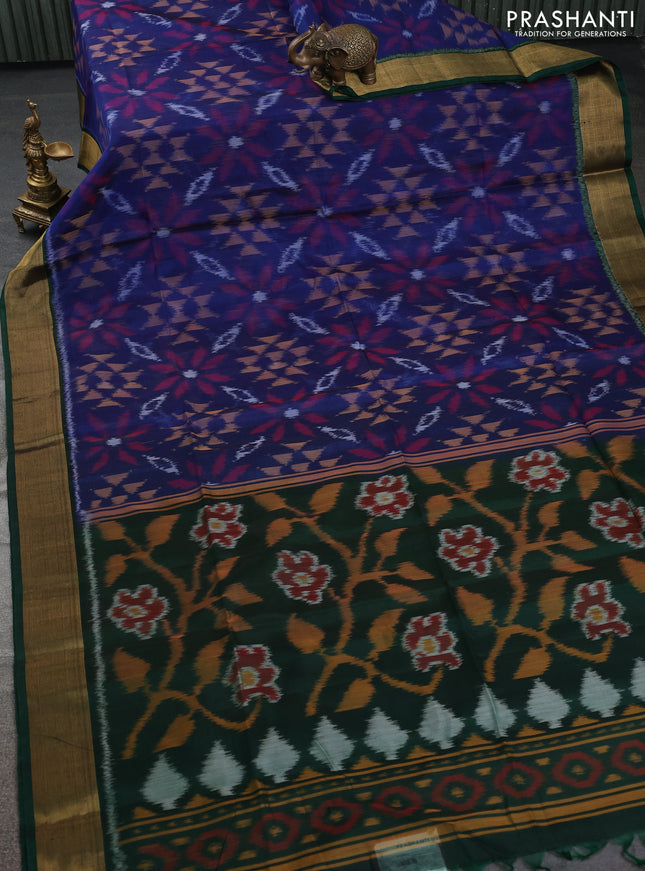 Ikat silk cotton saree blue and green with allover ikat weaves and zari woven border