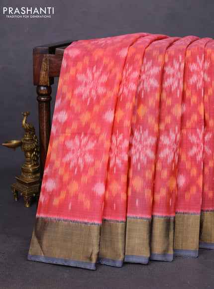Ikat silk cotton saree peach pink and grey with allover ikat weaves and zari woven border