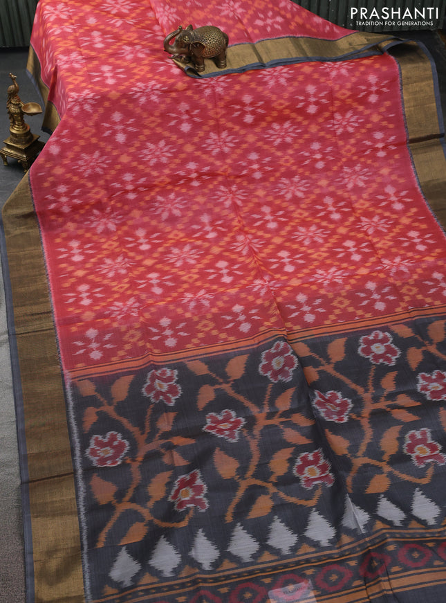 Ikat silk cotton saree peach pink and grey with allover ikat weaves and zari woven border