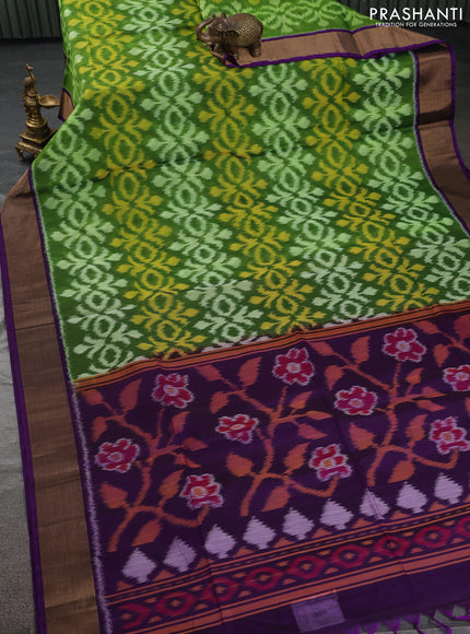 Ikat silk cotton saree light green and violet with allover ikat weaves and zari woven border