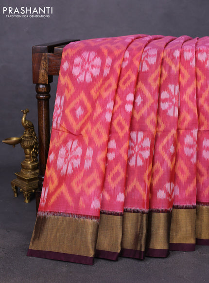 Ikat silk cotton saree pink shade and coffee brown with allover ikat weaves and zari woven border