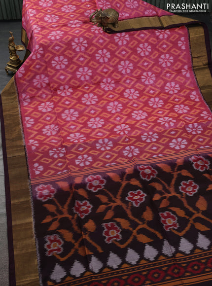 Ikat silk cotton saree pink shade and coffee brown with allover ikat weaves and zari woven border