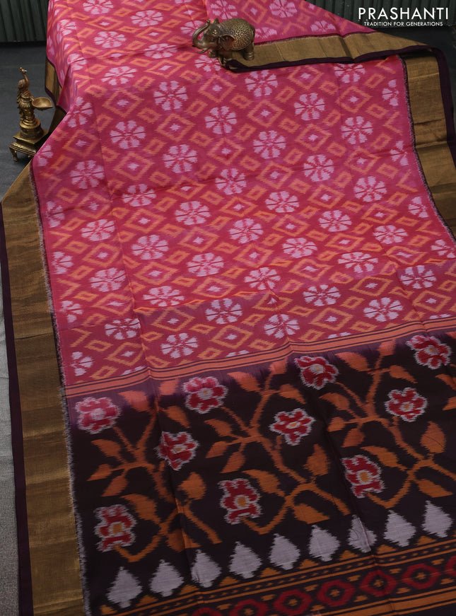 Ikat silk cotton saree pink shade and coffee brown with allover ikat weaves and zari woven border