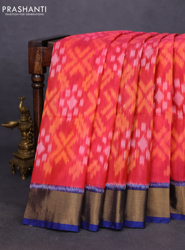 Ikat silk cotton saree peach pink and blue with allover ikat weaves and zari woven border