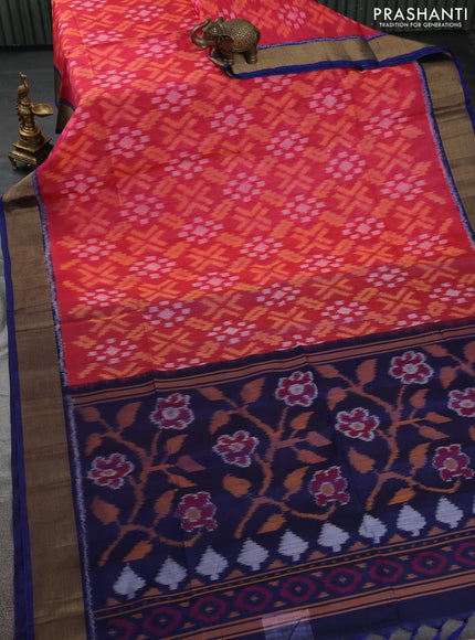 Ikat silk cotton saree peach pink and blue with allover ikat weaves and zari woven border