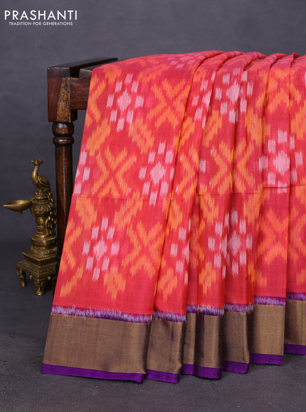 Ikat silk cotton saree peach pink and violet with allover ikat weaves and zari woven border