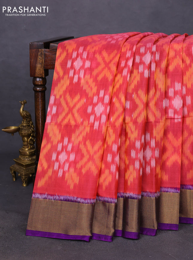 Ikat silk cotton saree peach pink and violet with allover ikat weaves and zari woven border