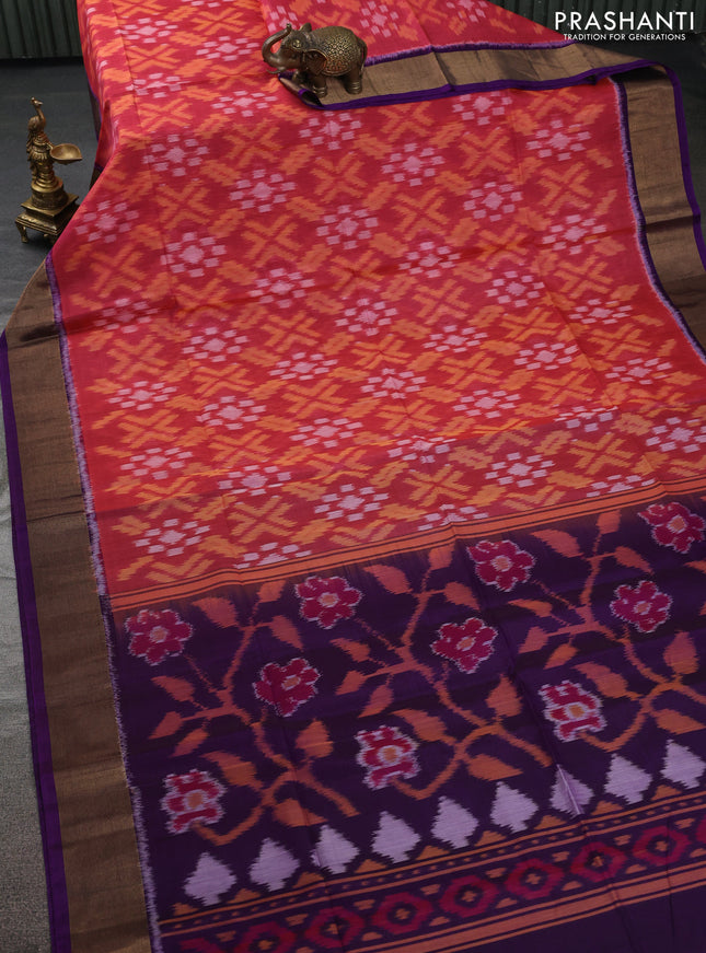 Ikat silk cotton saree peach pink and violet with allover ikat weaves and zari woven border