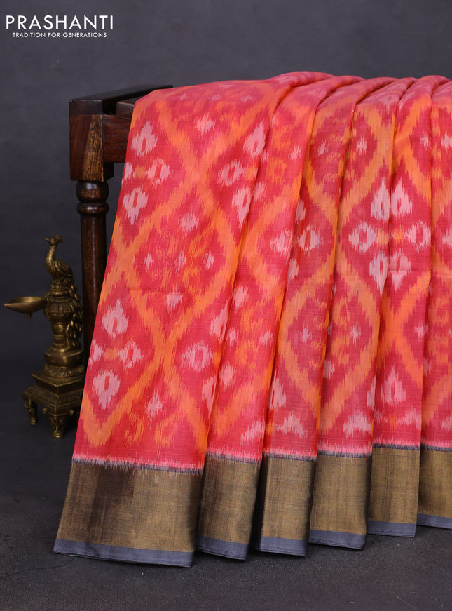 Ikat silk cotton saree peach pink and grey with allover ikat weaves and zari woven border